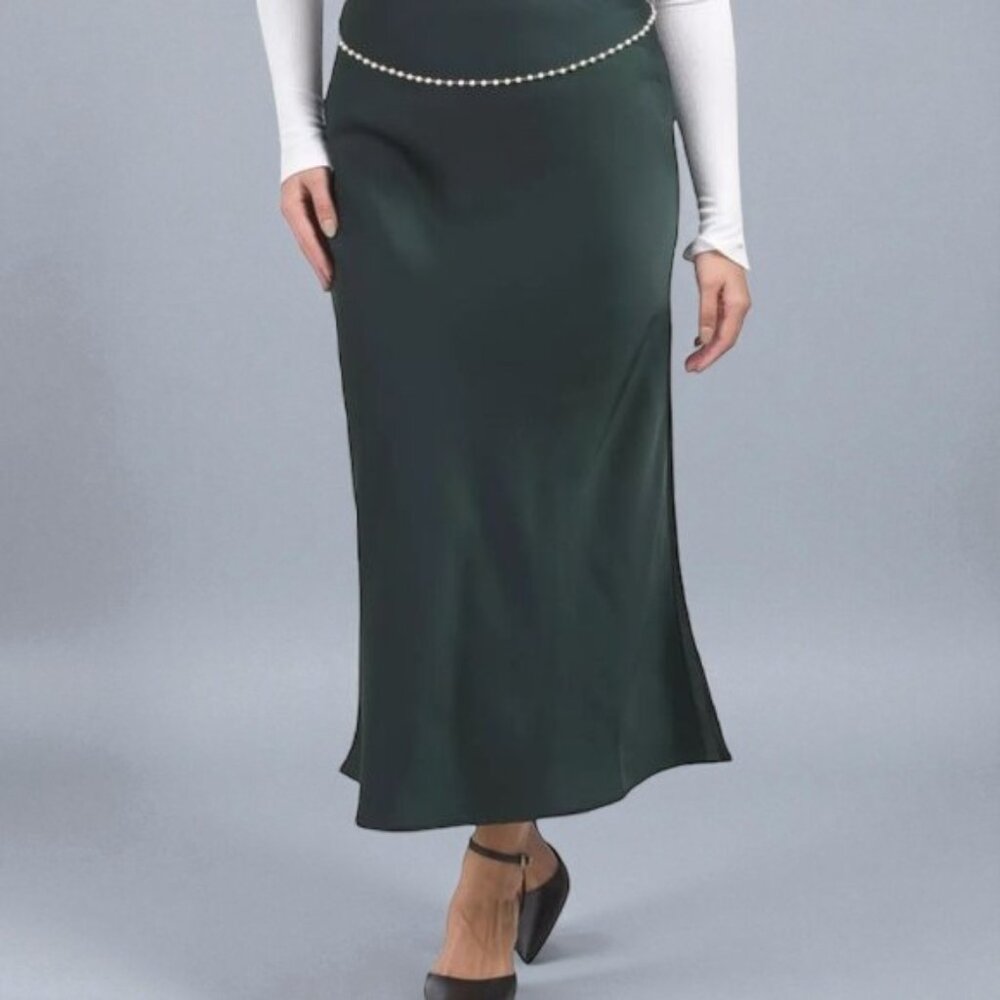 NWT Rachel Zoe Green Satin Slip Midi Skirt with Pearl Chain - Picture 4 of 7